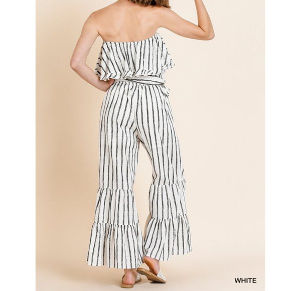 Striped Boho Ruffle Strapless Wide Leg Jumpsuit - Picture 3 of 8